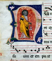 (detalle) de una miniatura que representa a San Pedro contenida en pergaminos corales de los siglos XIV-XV. Archivo del Palazzo Comunale de Stroncone, en la provincia de Terni